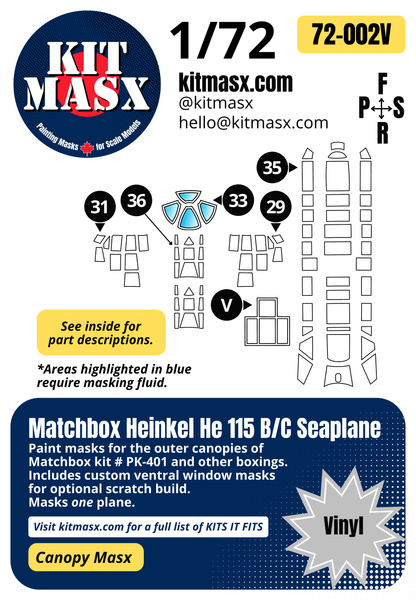 Matchbox Heinkel He 115 B/C Seaplane 1/72 Canopy Paint Masks, Kit # PK-401 (72002)