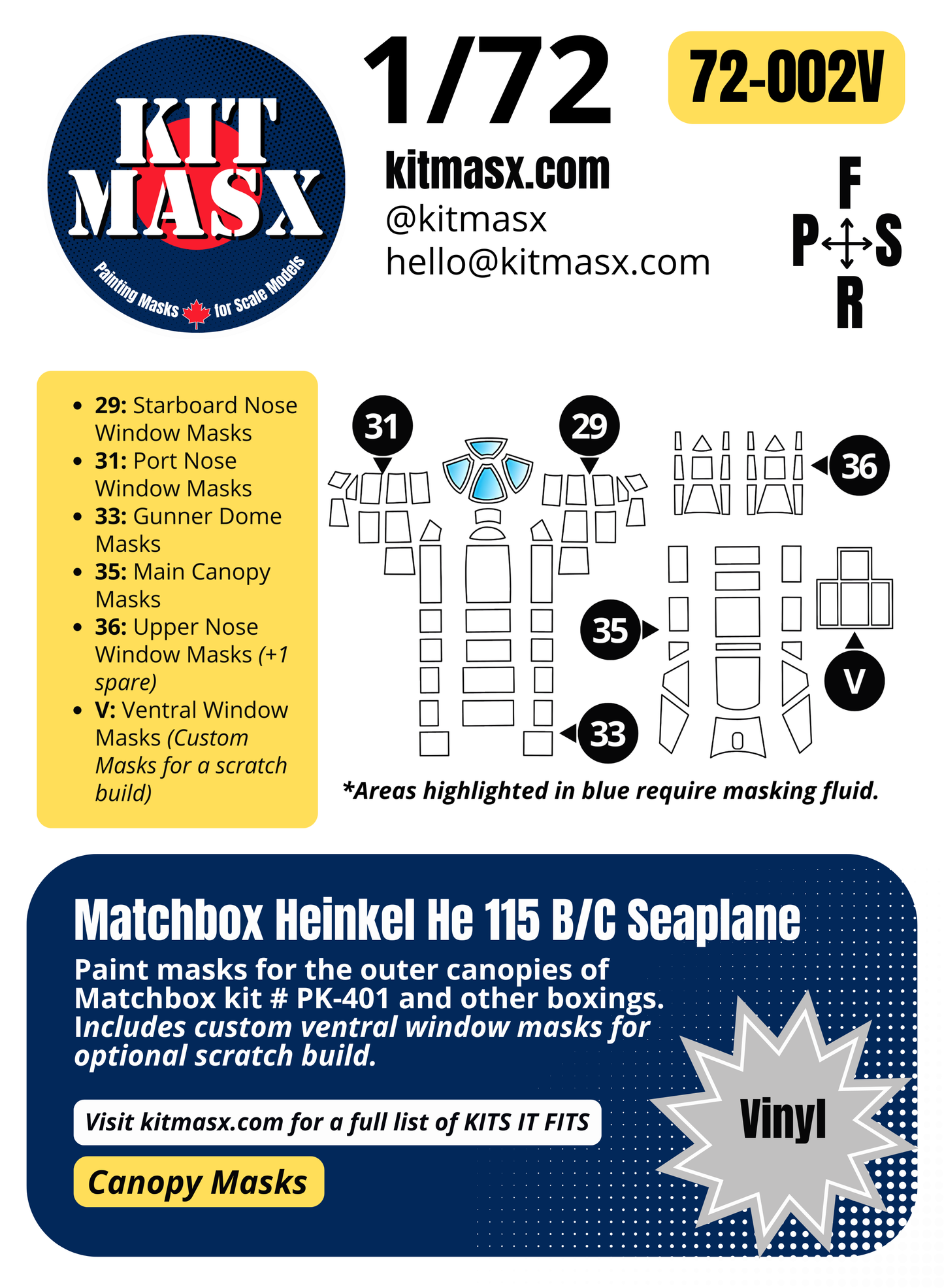 Matchbox Heinkel He 115 B/C Seaplane 1/72 Canopy Paint Masks, Kit # PK-401