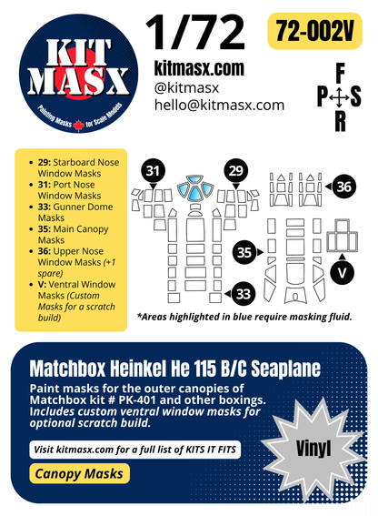 Matchbox Heinkel He 115 B/C Seaplane 1/72 Canopy Paint Masks, Kit # PK-401