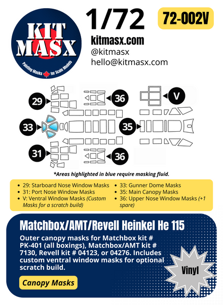 Matchbox/AMT/Revell Heinkel He 115 1/72 Canopy Paint Masks