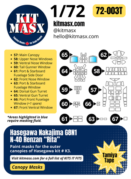 Hasegawa Nakajima G8N1 N-40 Renzan "Rita" 1/72 Canopy Paint Masks, Kit # K3