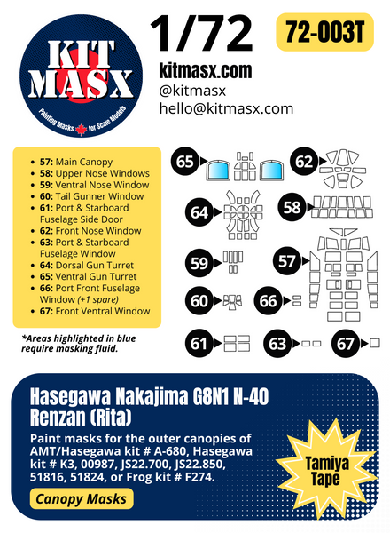 Hasegawa Nakajima G8N1 N-40 Renzan (Rita) 1/72 Canopy Paint Masks, Kit # K3