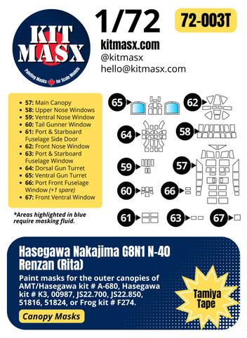 Hasegawa Nakajima G8N1 N-40 Renzan (Rita) 1/72 Canopy Paint Masks, Kit # K3