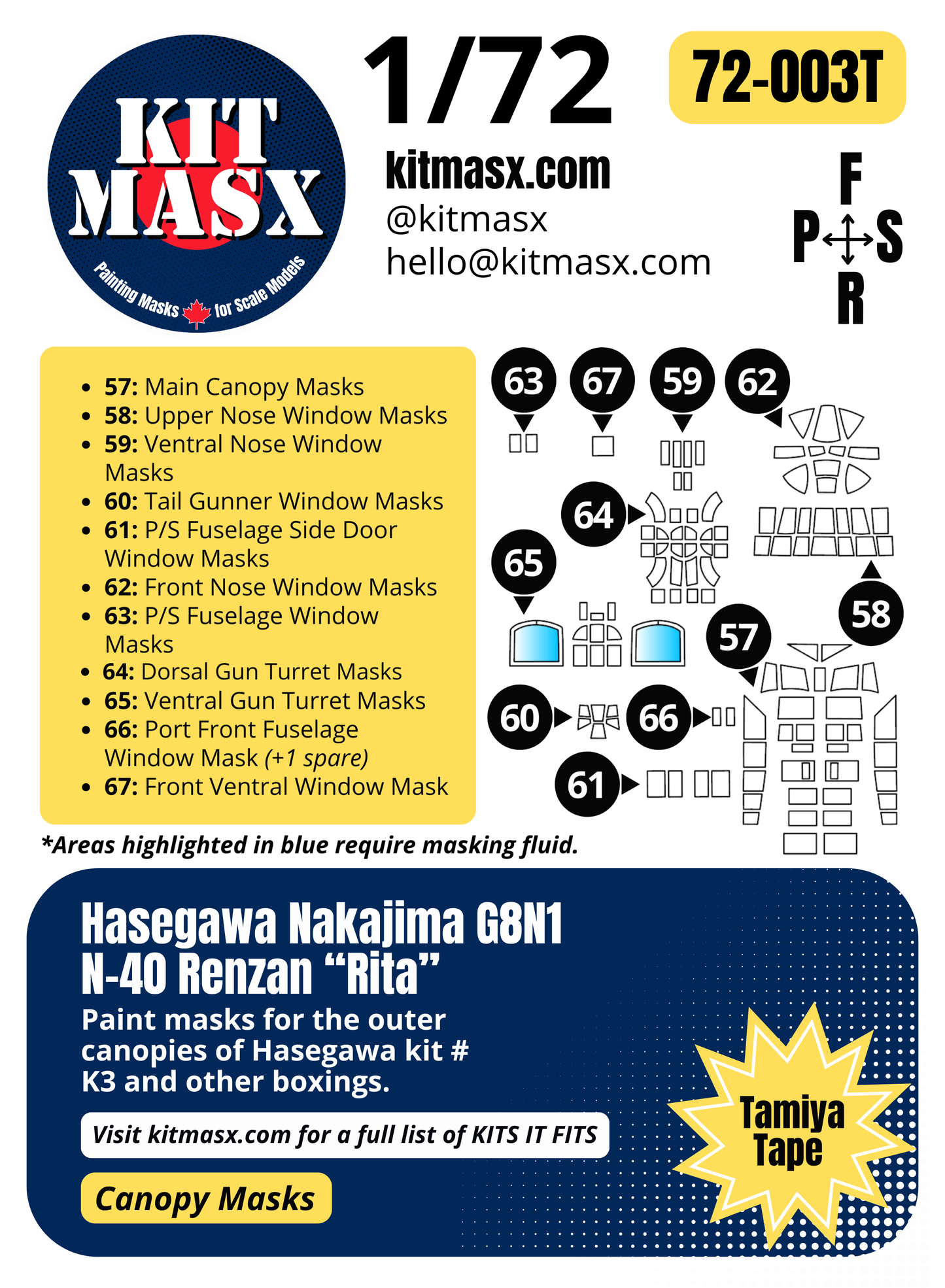 Hasegawa Nakajima G8N1 N-40 Renzan "Rita" 1/72 Canopy Paint Masks, Kit # K3