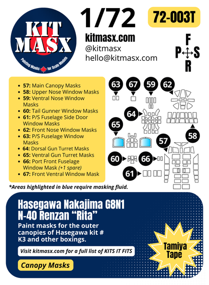 Hasegawa Nakajima G8N1 N-40 Renzan "Rita" 1/72 Canopy Paint Masks, Kit # K3