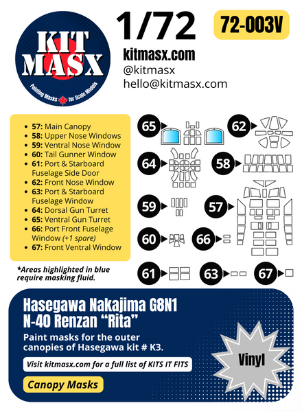 Hasegawa Nakajima G8N1 N-40 Renzan "Rita" 1/72 Canopy Paint Masks, Kit # K3