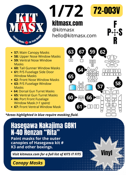 Hasegawa Nakajima G8N1 N-40 Renzan "Rita" 1/72 Canopy Paint Masks, Kit # K3