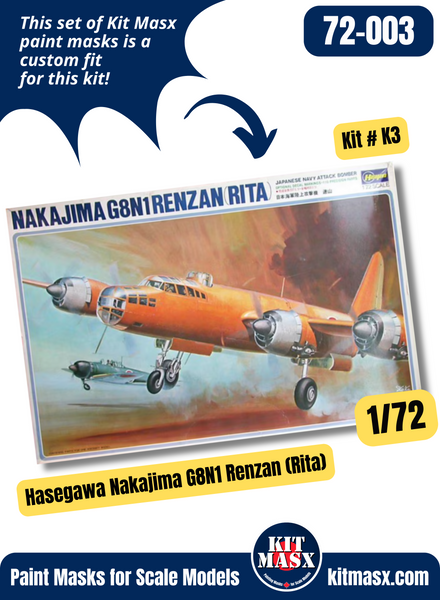 Hasegawa Nakajima G8N1 N-40 Renzan "Rita" 1/72 Canopy Paint Masks, Kit # K3