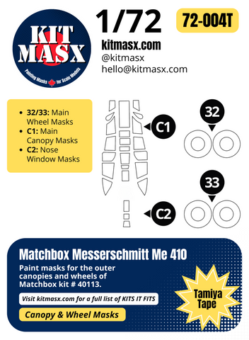 Matchbox Messerschmitt Me 410 1/72 Canopy & Wheel Paint Masks, Kit # 40113