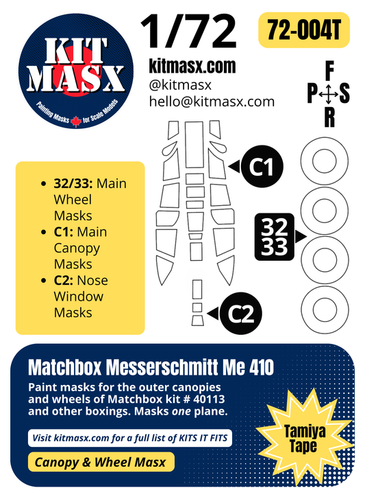 Matchbox Messerschmitt Me 410 1/72 Canopy & Wheel Paint Masks, Kit # 40113