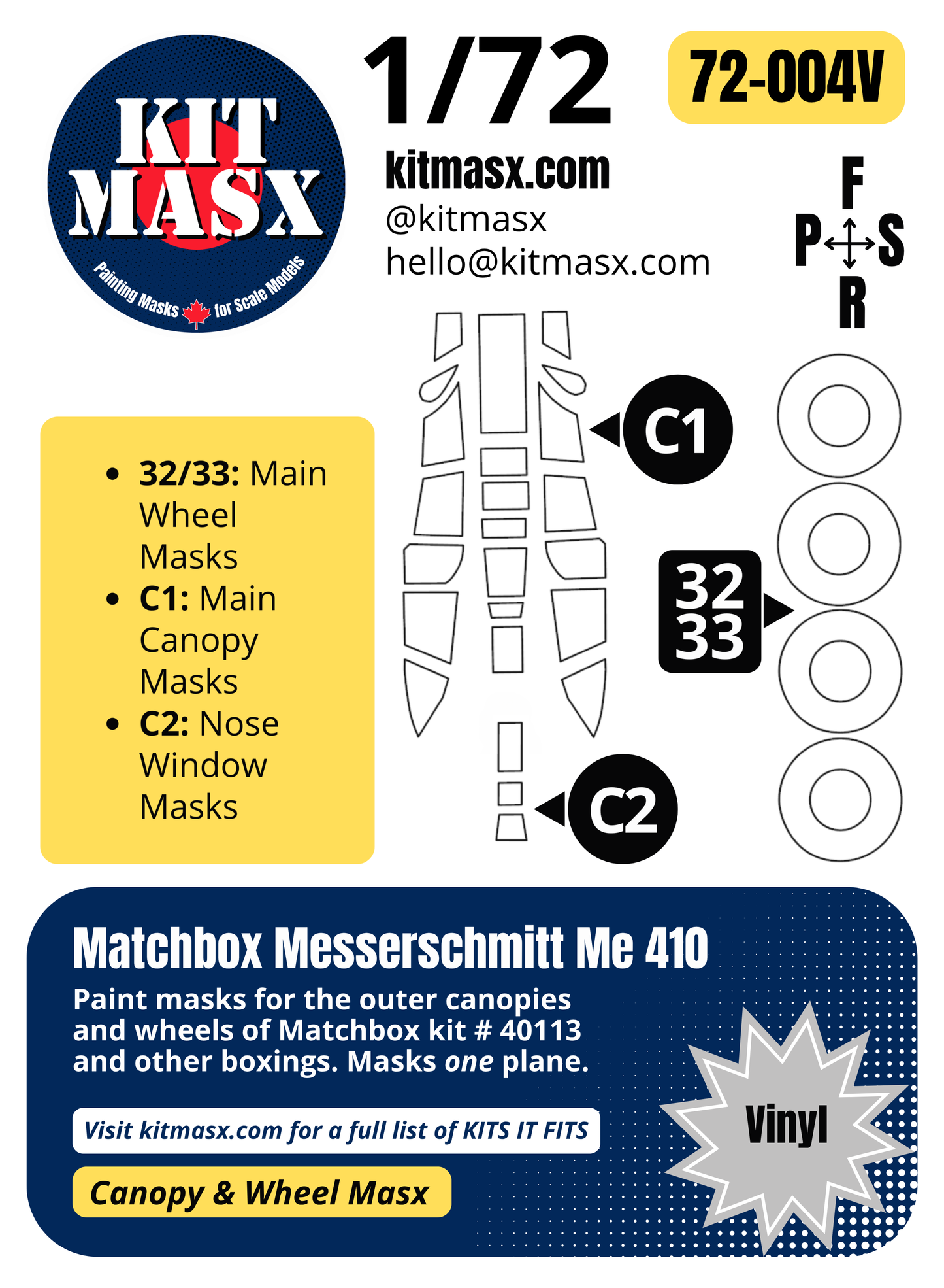 Matchbox Messerschmitt Me 410 1/72 Canopy & Wheel Paint Masks, Kit # 40113