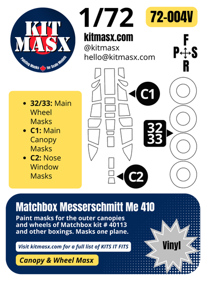 Matchbox Messerschmitt Me 410 1/72 Canopy & Wheel Paint Masks, Kit # 40113