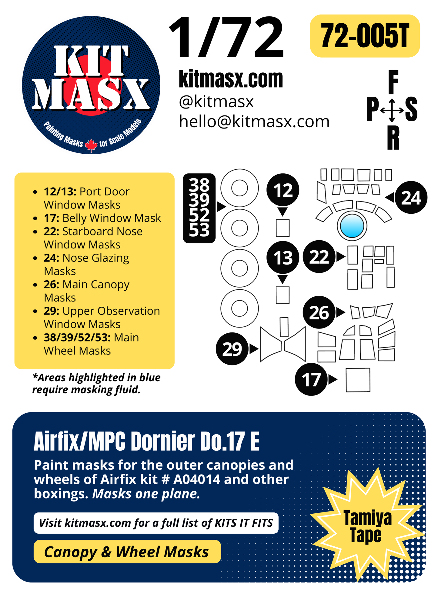 Airfix/MPC Dornier Do.17 E 1/72 Canopy & Wheel Paint Masks, Kit # A04014