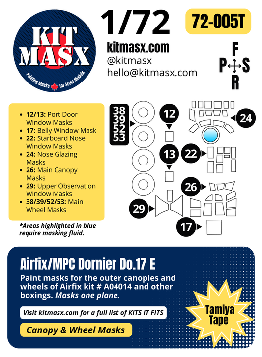 Airfix/MPC Dornier Do.17 E 1/72 Canopy & Wheel Paint Masks, Kit # A04014