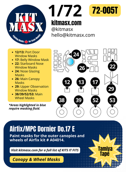 Airfix Dornier Do.17 E 1/72 Canopy & Wheel Paint Masks, Kit # A04014