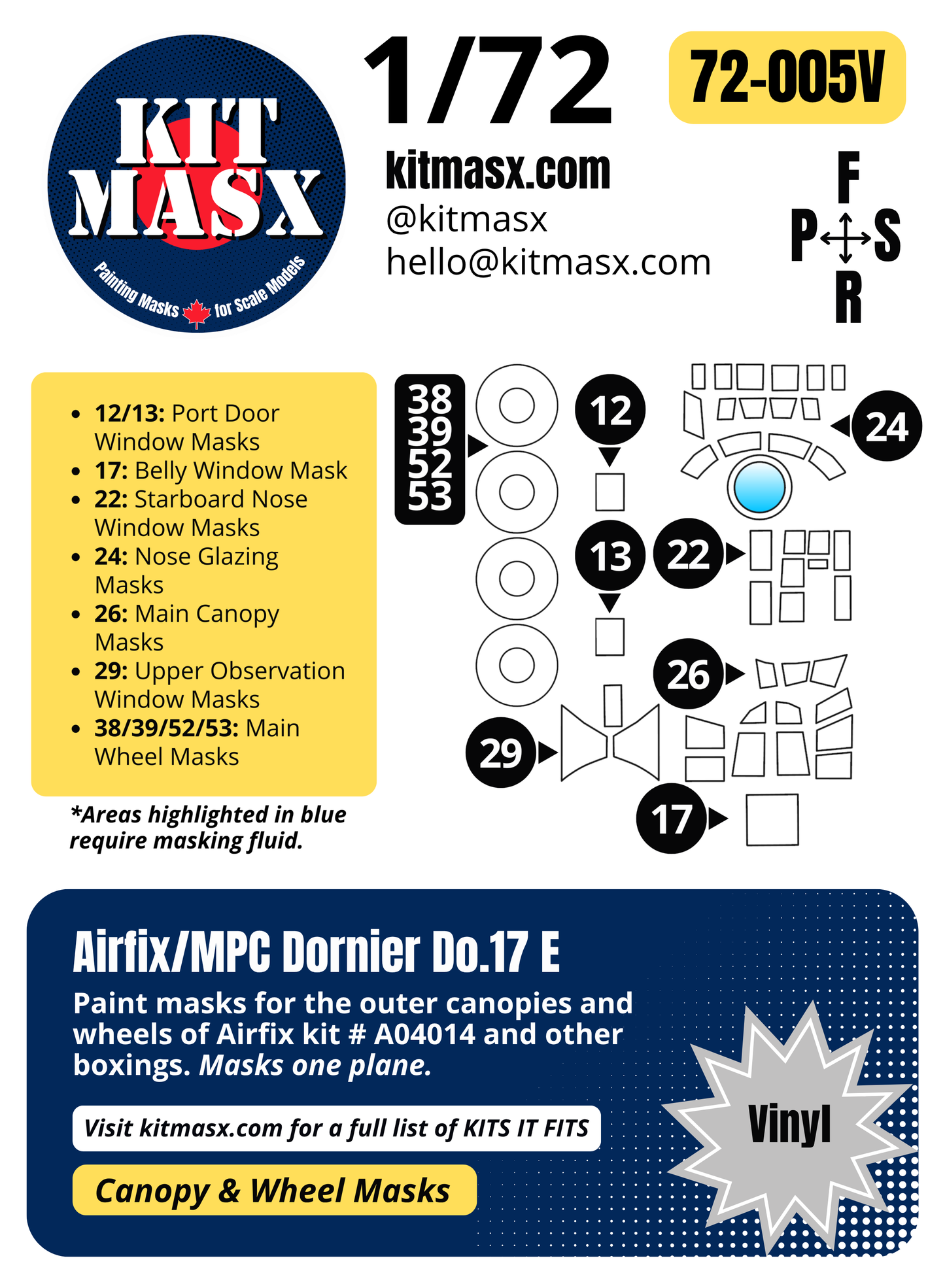 Airfix/MPC Dornier Do.17 E 1/72 Canopy & Wheel Paint Masks, Kit # A04014
