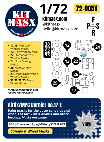 Airfix/MPC Dornier Do.17 E 1/72 Canopy & Wheel Paint Masks, Kit # A04014