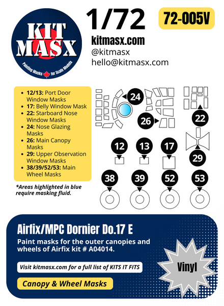 Airfix Dornier Do.17 E 1/72 Canopy & Wheel Paint Masks, Kit # A04014