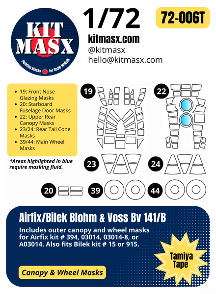 Airfix Blohm & Voss Bv 141/B 1/72 Canopy & Wheel Paint Masks, Kit # A03014