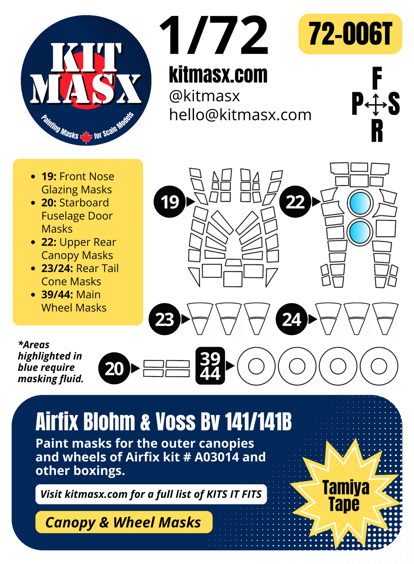 Airfix Blohm & Voss Bv 141/141B 1/72 Canopy & Wheel Paint Masks, Kit # A03014