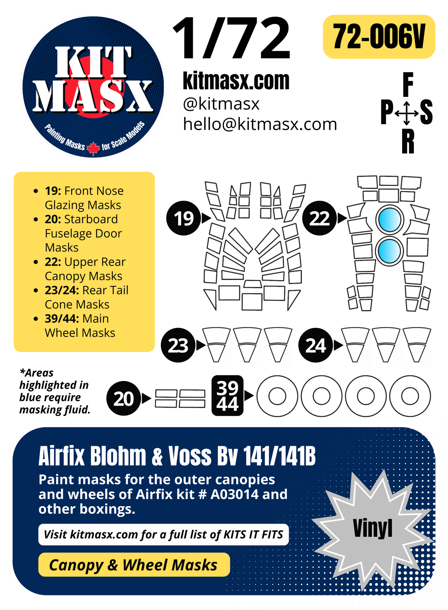 Airfix Blohm & Voss Bv 141/141B 1/72 Canopy & Wheel Paint Masks, Kit # A03014