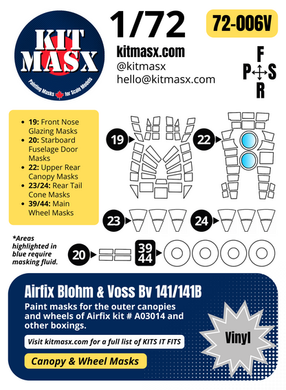Airfix Blohm & Voss Bv 141/141B 1/72 Canopy & Wheel Paint Masks, Kit # A03014