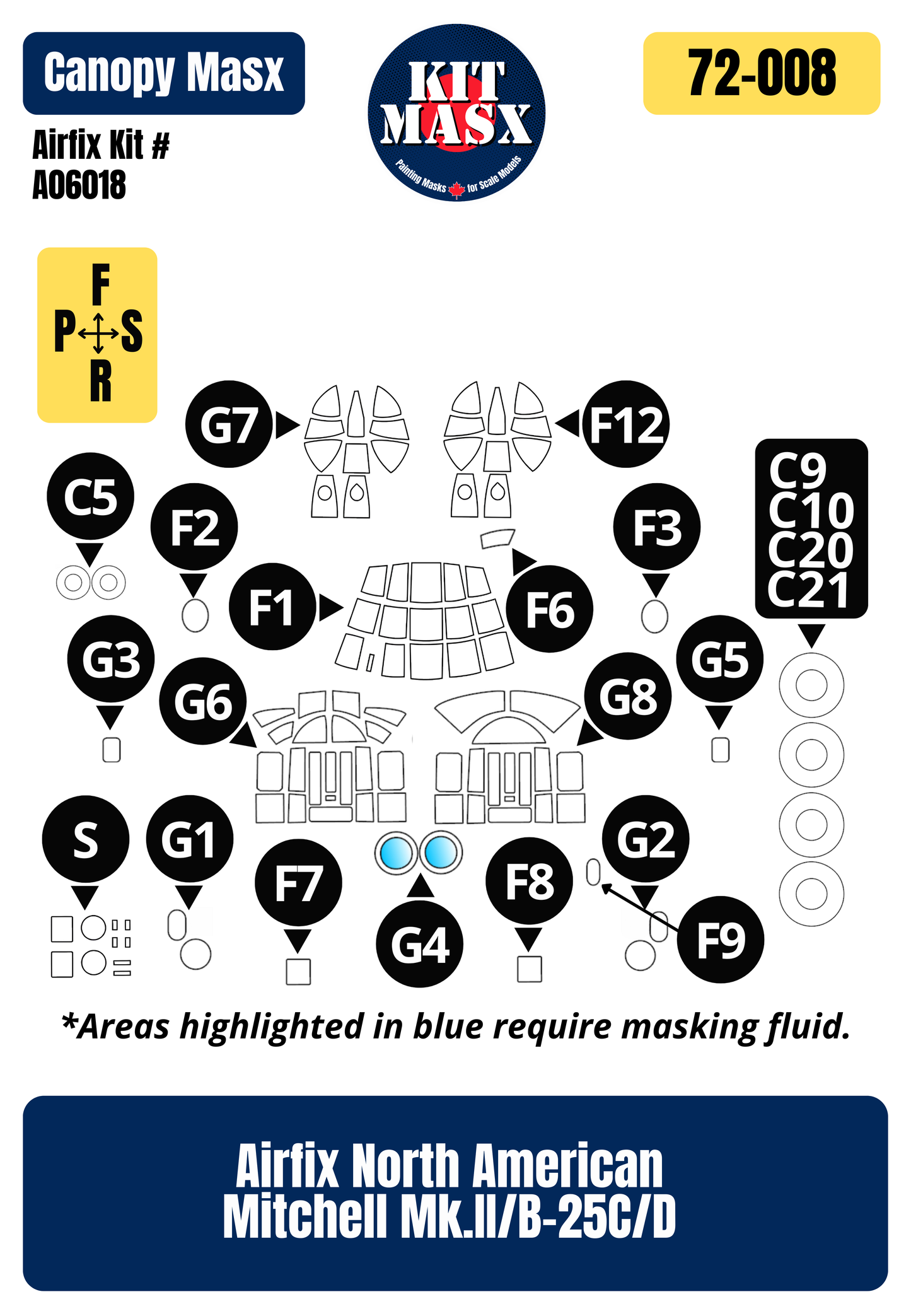 Airfix North American Mitchell Mk.II/B-25C/D 1/72 Canopy & Wheel Paint Masks, Kit #A06018
