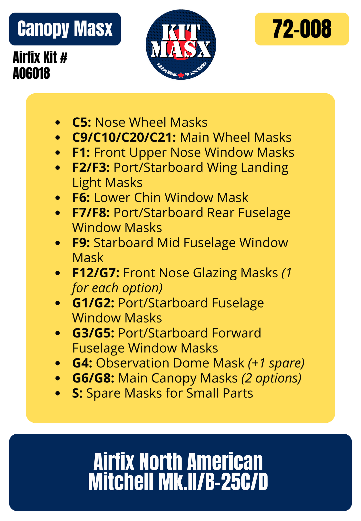 Airfix North American Mitchell Mk.II/B-25C/D 1/72 Canopy & Wheel Paint Masks, Kit #A06018