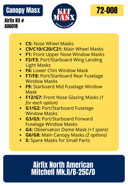 Airfix North American Mitchell Mk.II/B-25C/D 1/72 Canopy & Wheel Paint Masks, Kit #A06018