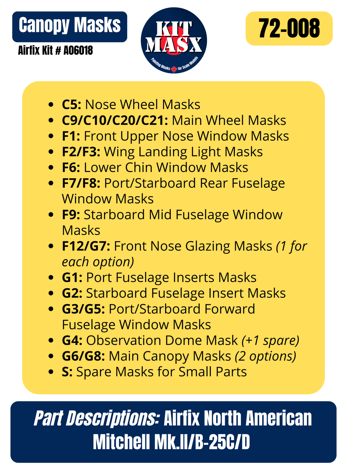 Airfix North American Mitchell Mk.II/B-25C/D 1/72 Canopy & Wheel Paint Masks, Kit #A06018