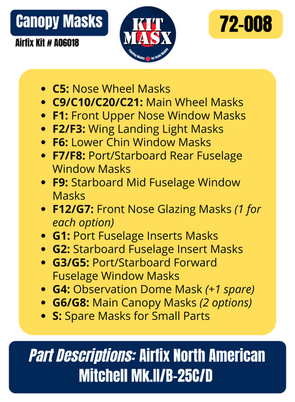 Airfix North American Mitchell Mk.II/B-25C/D 1/72 Canopy & Wheel Paint Masks, Kit #A06018