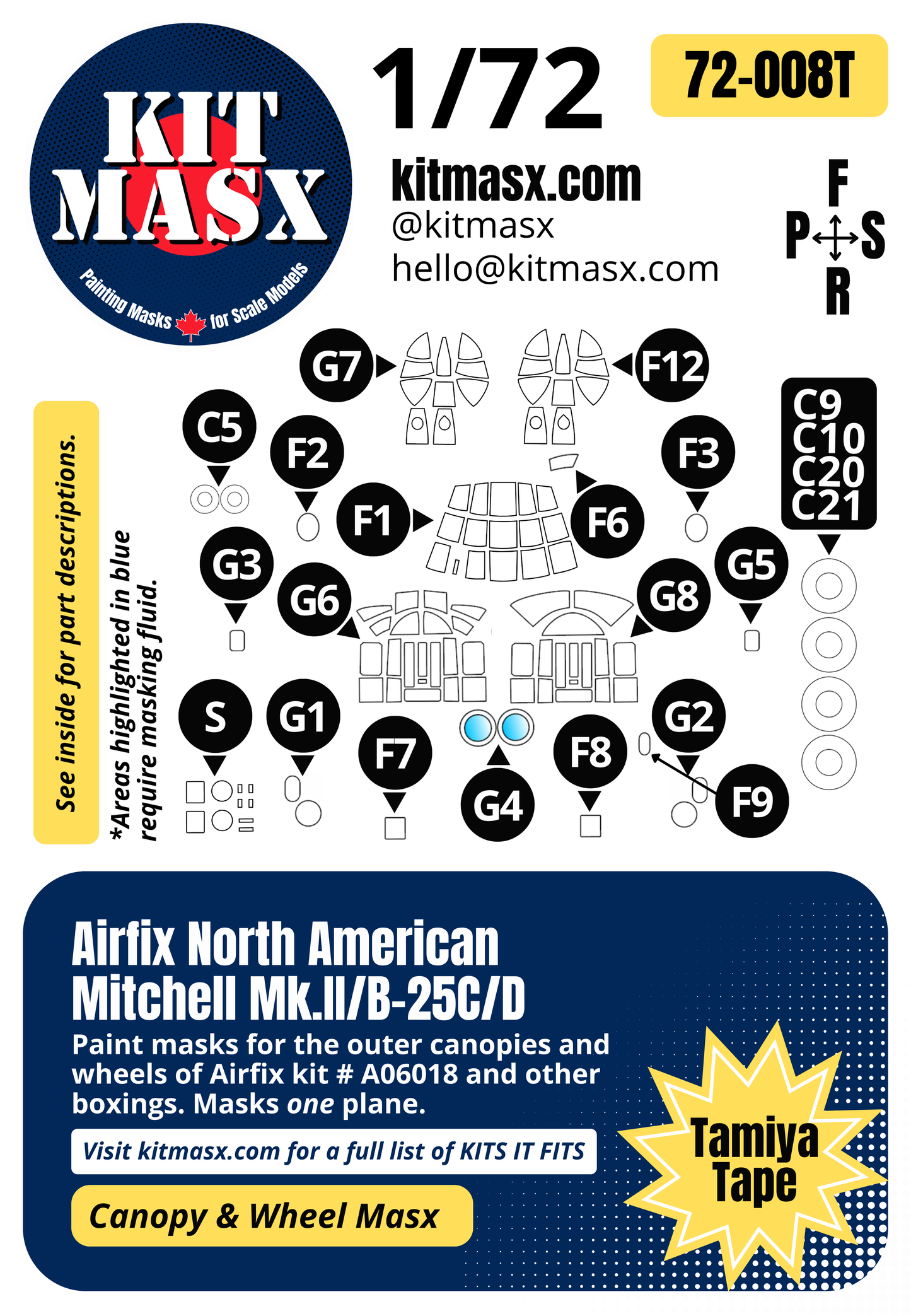 Airfix North American Mitchell Mk.II/B-25C/D 1/72 Canopy & Wheel Paint Masks, Kit #A06018