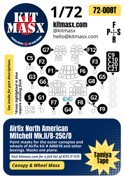 Airfix North American Mitchell Mk.II/B-25C/D 1/72 Canopy & Wheel Paint Masks, Kit #A06018