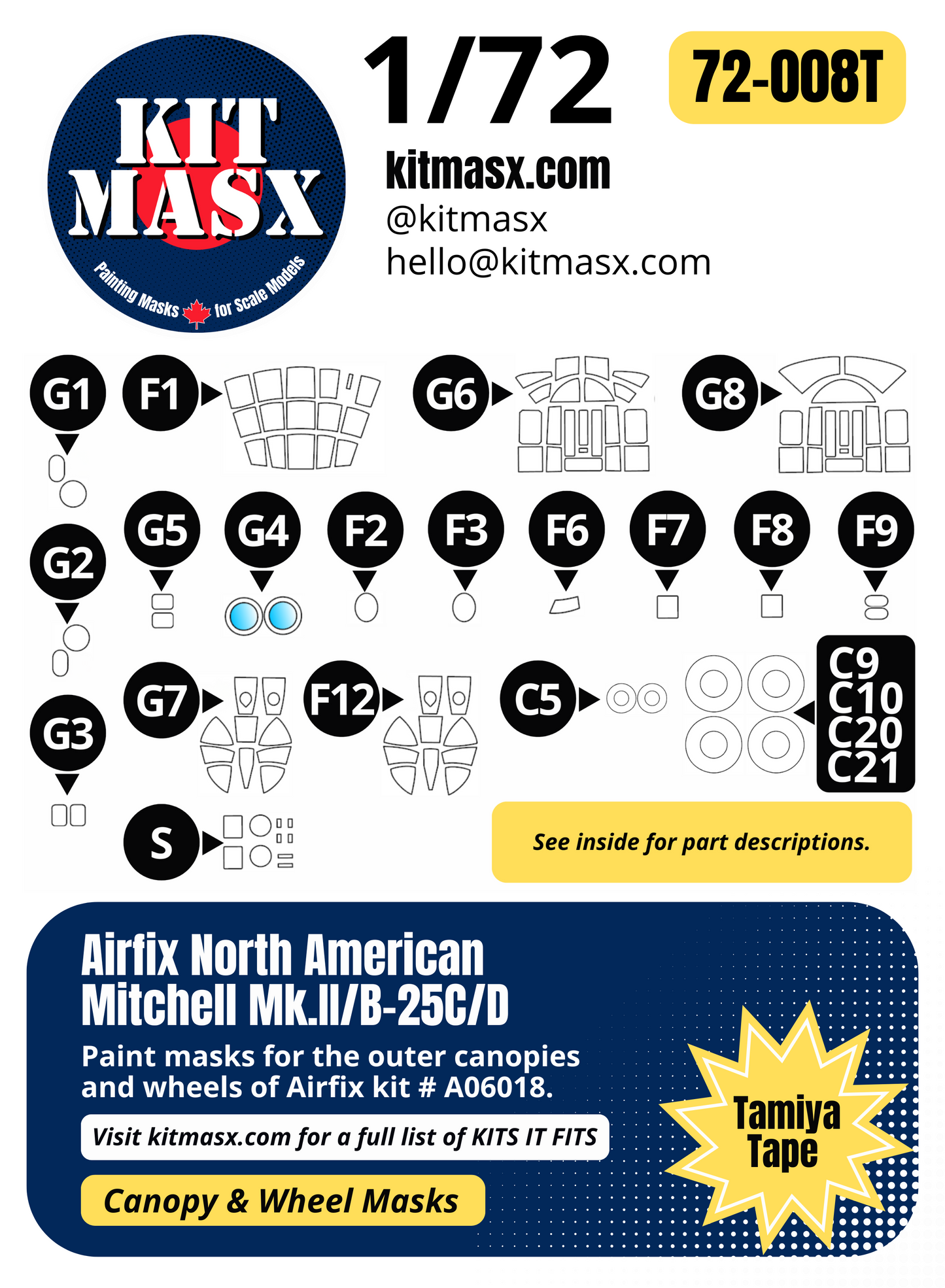 Airfix North American Mitchell Mk.II/B-25C/D 1/72 Canopy & Wheel Paint Masks, Kit #A06018