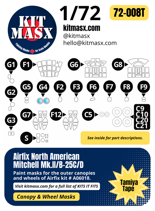 Airfix North American Mitchell Mk.II/B-25C/D 1/72 Canopy & Wheel Paint Masks, Kit #A06018