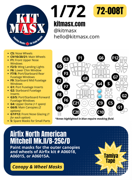 Airfix North American Mitchell Mk.II/B-25C/D 1/72 Canopy & Wheel Paint Masks, Kit #A06018