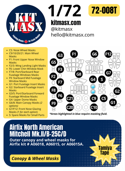 Airfix North American Mitchell Mk.II/B-25C/D 1/72 Canopy & Wheel Paint Masks