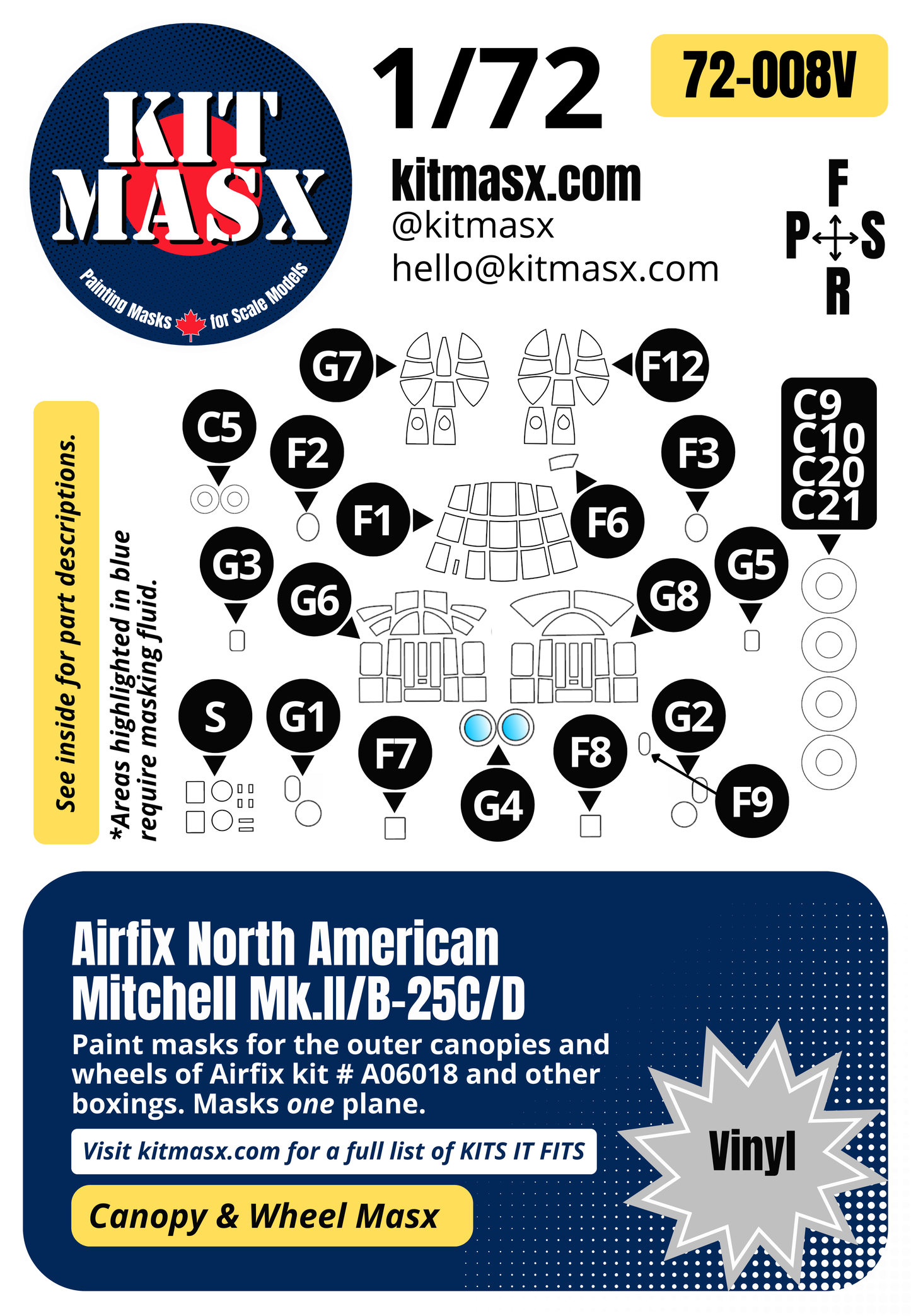 Airfix North American Mitchell Mk.II/B-25C/D 1/72 Canopy & Wheel Paint Masks, Kit #A06018