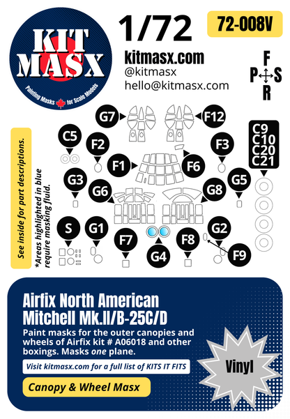 Airfix North American Mitchell Mk.II/B-25C/D 1/72 Canopy & Wheel Paint Masks, Kit #A06018