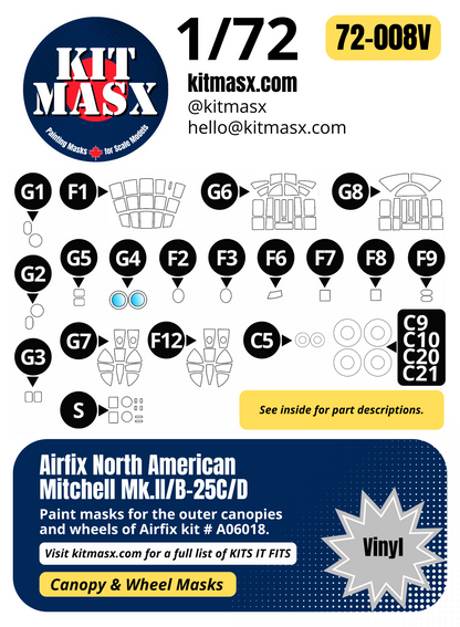 Airfix North American Mitchell Mk.II/B-25C/D 1/72 Canopy & Wheel Paint Masks, Kit #A06018