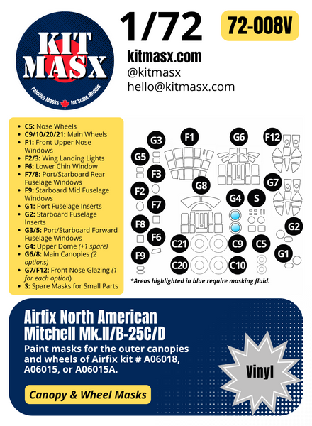 Airfix North American Mitchell Mk.II/B-25C/D 1/72 Canopy & Wheel Paint Masks, Kit #A06018