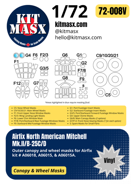 Airfix North American Mitchell Mk.II/B-25C/D 1/72 Canopy & Wheel Masks