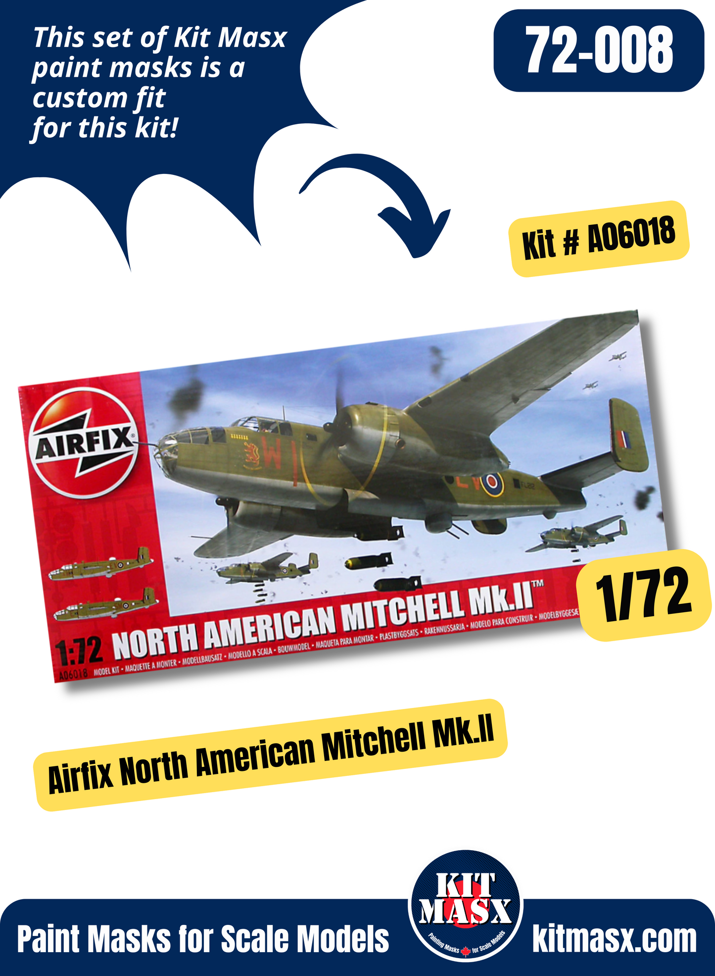 Airfix North American Mitchell Mk.II/B-25C/D 1/72 Canopy & Wheel Paint Masks, Kit #A06018