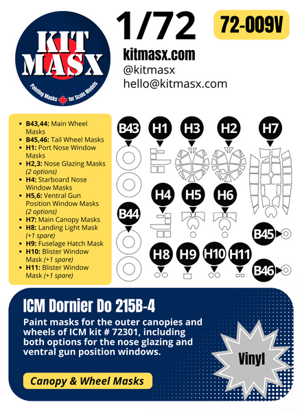 ICM Dornier Do 215B-4 1/72 Canopy & Wheel Paint Masks, Kit # 72301