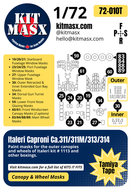 Italeri Caproni Ca.311/311M/313/314 1/72 Canopy & Wheel Paint Masks, Kit # 1113