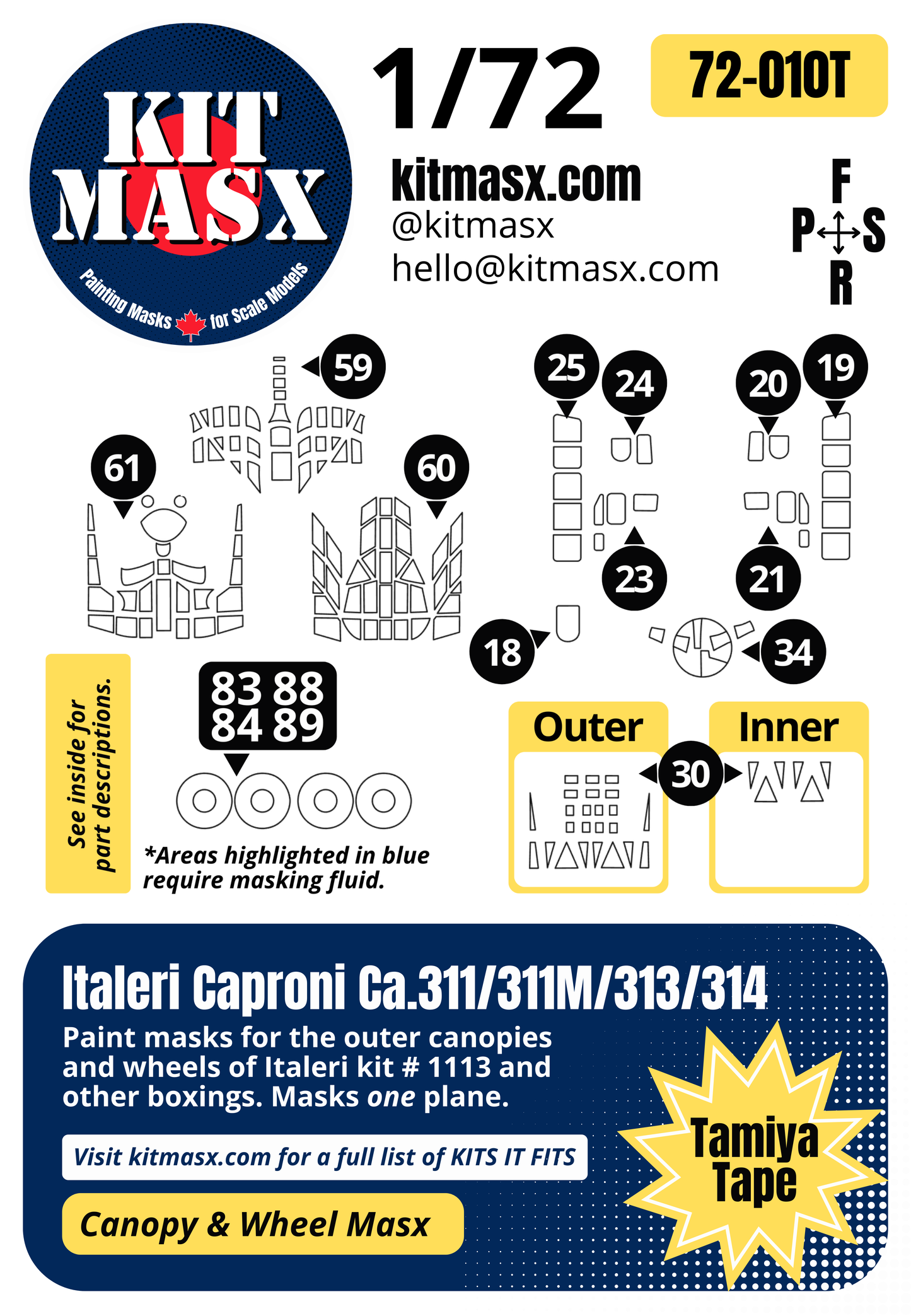 Italeri Caproni Ca.311/311M/313/314 1/72 Canopy & Wheel Paint Masks, Kit # 1113
