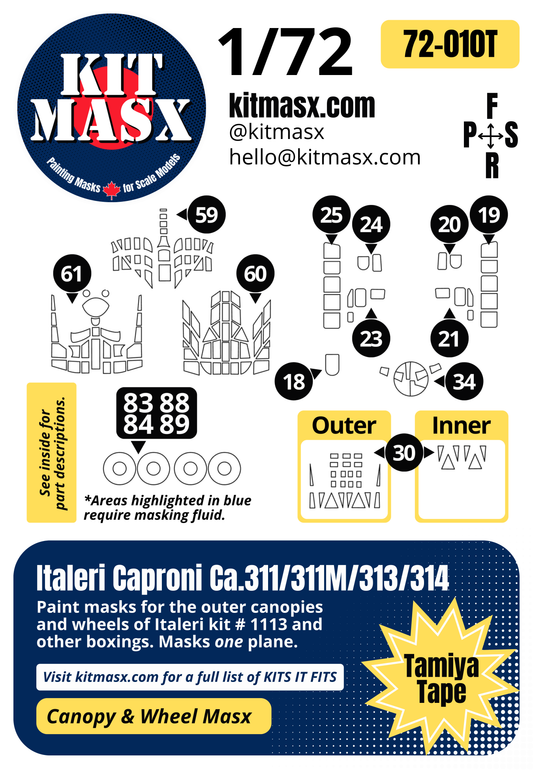 Italeri Caproni Ca.311/311M/313/314 1/72 Canopy & Wheel Paint Masks, Kit # 1113