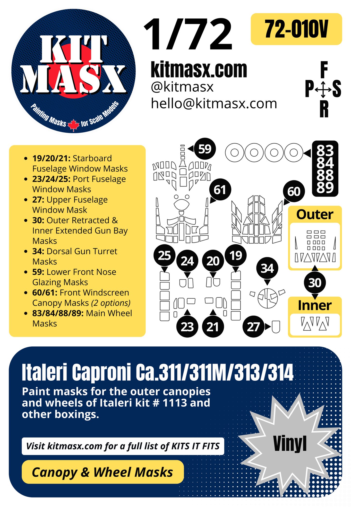Italeri Caproni Ca.311/311M/313/314 1/72 Canopy & Wheel Paint Masks, Kit # 1113