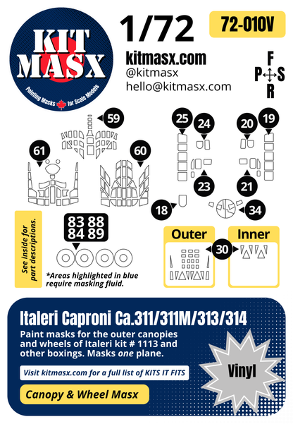 Italeri Caproni Ca.311/311M/313/314 1/72 Canopy & Wheel Paint Masks, Kit # 1113