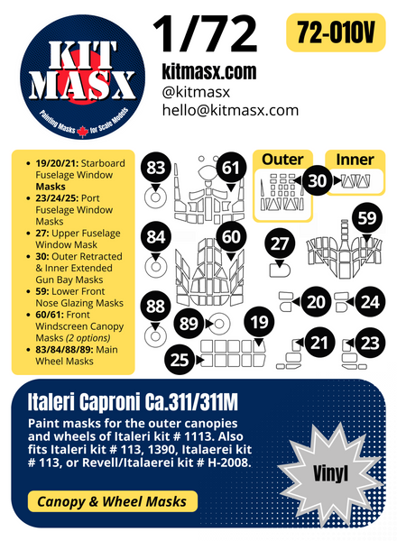 Italeri Caproni Ca.311/311M 1/72 Canopy & Wheel Paint Masks, Kit # 1113